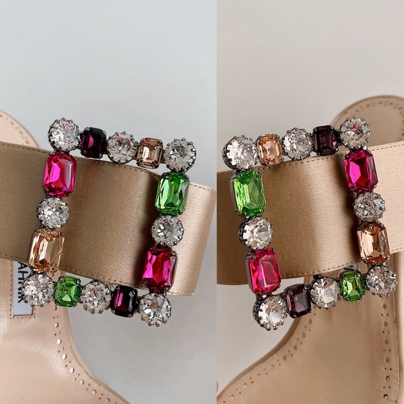 ✨New MANOLO BLAHNIK Verda Satin Crystal Slide Heel Sandals Nude Size 37.5 - Picture 13 of 16